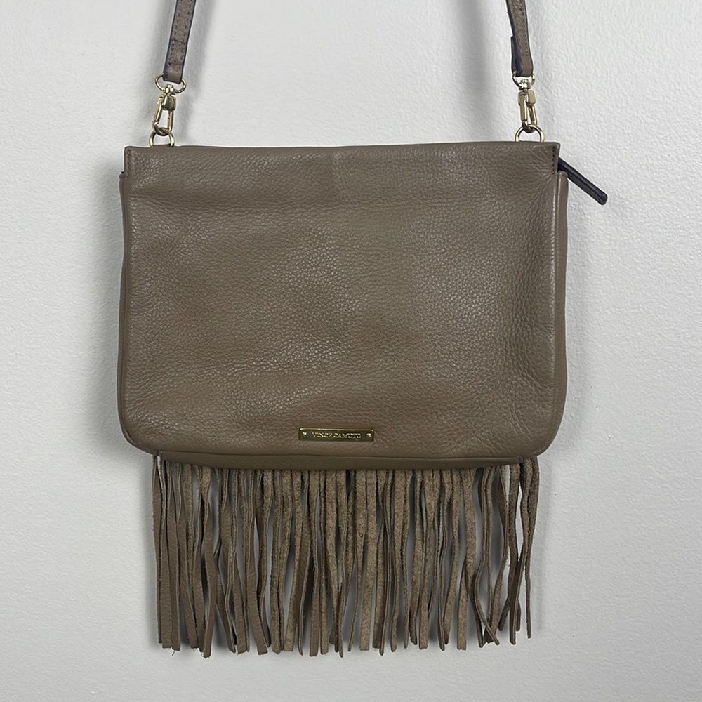 Vince Camuto Shira Pebbled Leather Crossbody w Fringe Detail.